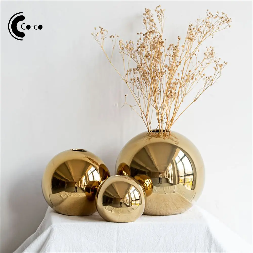 

Nordic Golden Ceramic Vase Light Luxury Electroplating Gold Sphere Flower Arrangement Ornaments Decoration Ornaments Vase