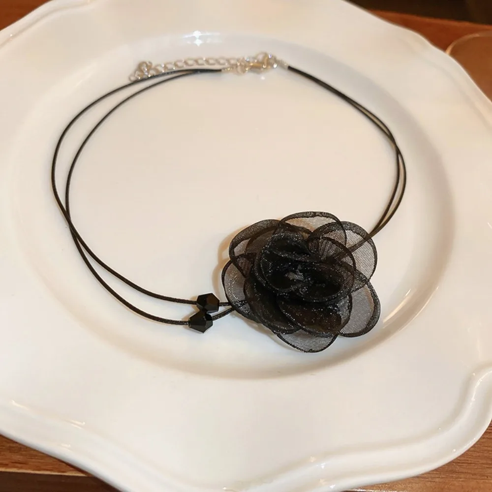 Y2K Double-layer Stereo Dark Style Lace Flower Crystal Choker Necklace for Women Personality Fashion Party Jewelry Accessories