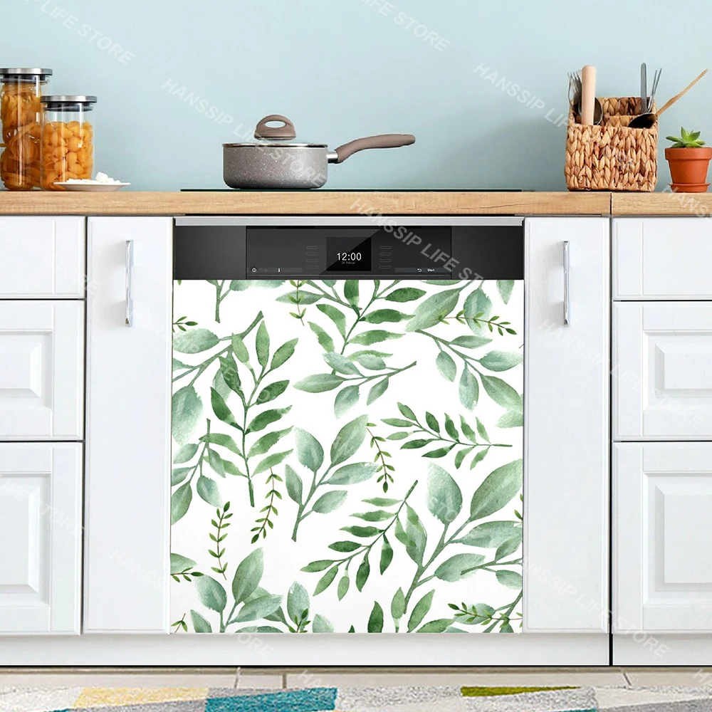 Watercolor Flower Plant Leaves Printed Dishwasher Sticker Wallpaper Kitchen Waterproof Washing Machine Cabinet Panel Art Decals