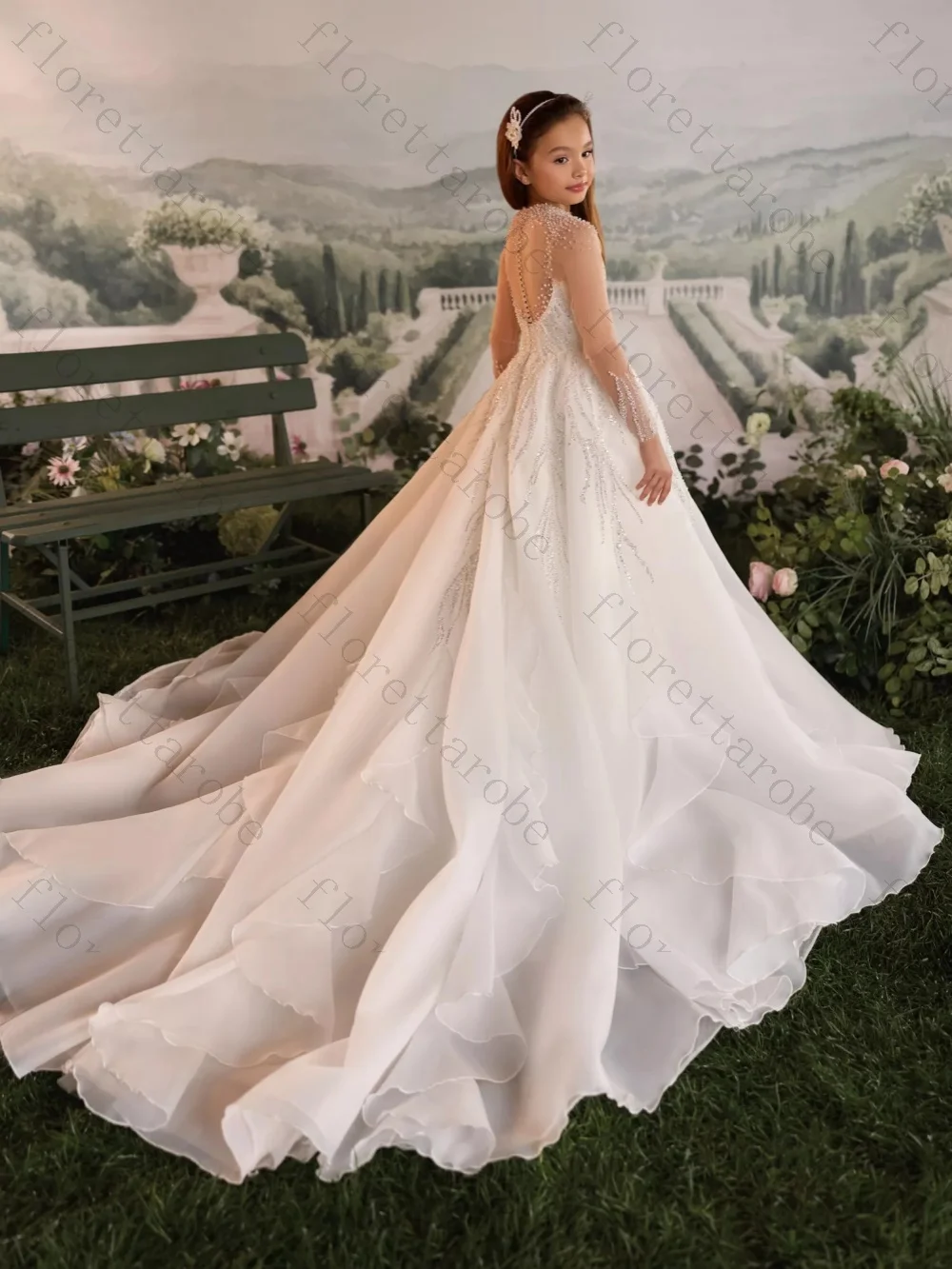 Customized Flower Girl Dress Ball Gown Floor Length Off Shoulder Short Sleeve Beaded Sequin Tulle Ruffled Train Wedding Gown