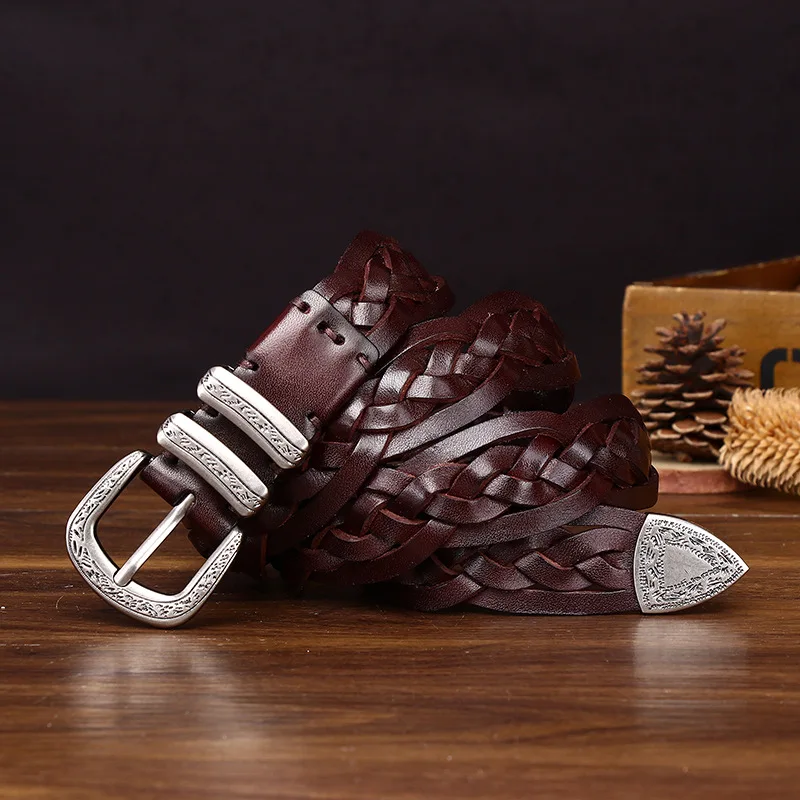 3.2cm Pure Cowhide Top Grain Leather Braided Belt - Men's Genuine Leather Vintage Woven Casual Belt Cinturones Hombre