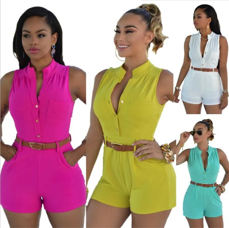 

Summer Clothes Jumpsuit Women's Bodysuit Women Romper Sleeveless V Neck Chest Pocket Short Jumpsuit Belted Waist Mini Length