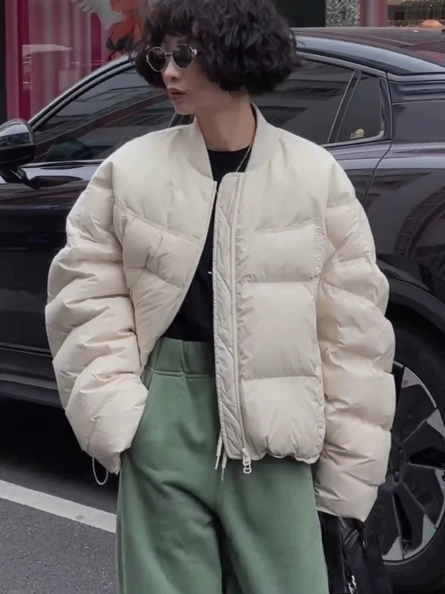 

Women's Short Puffer Jacket White Duck down Thickened Loose Fit Winter Coat Korean Style Bread Clothes Baseball Jacket