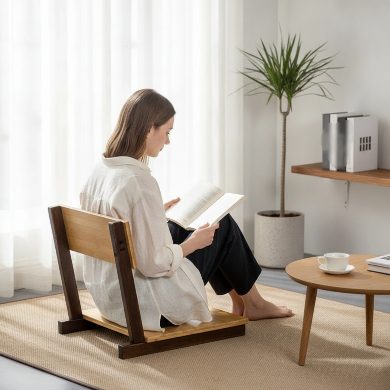 Low-profile Bamboo Floor Chair Foldable Space-saving Seat for Cozy Window or Balcony Use