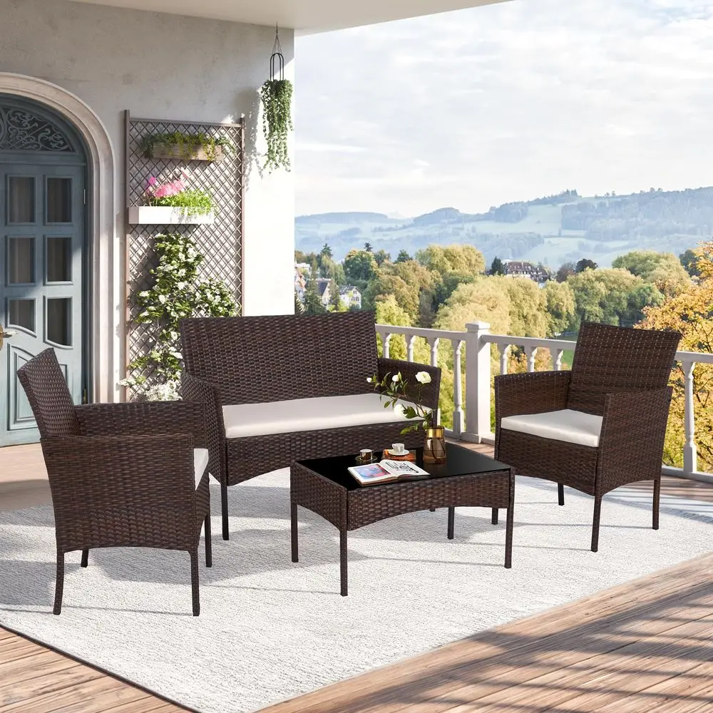 

4 Piece Outdoor Patio Furniture Set, Wicker Rattan Patio Conversation Set, Outdoor Chairs and Loveseat with Coffee Table for Po