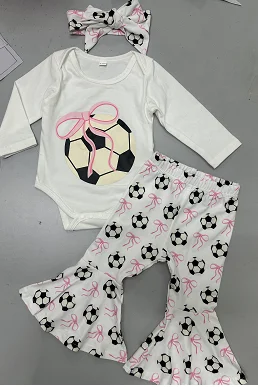 

Baby Girl Soccer Outfit Football Bow Print Long Sleeve Romper Flare Pants Bow Headband Cute Fall Clothes 3Pcs Set