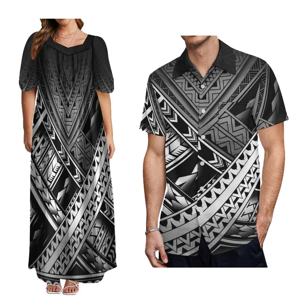 

High Quality Island Style Couple Set Samoa Women'S Short Sleeve Dress Polynesian Island Design Hawaiian Men'S Shirt Plus Size