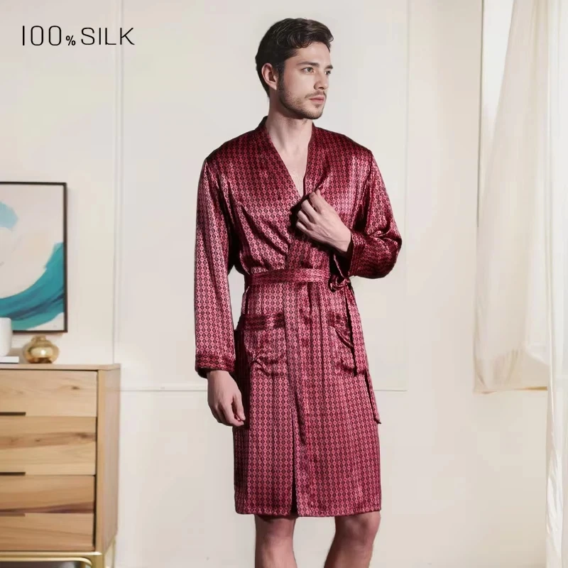 Men's 19 Momme 100% Mulberry Silk Robe Plus Size Luxury Cooling Bathrobe Kimono Loungewear Morning Gown Spring Summer Autumn