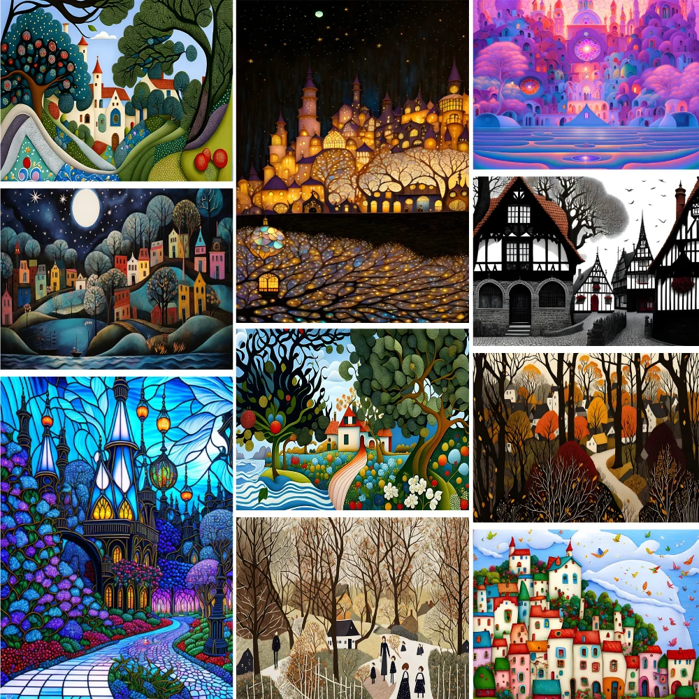 Cartoon Cube House Landscape Painting By Numbers Acrylic Paints Boards By Numbers Home Decoration Crafts For Adults Handicraft