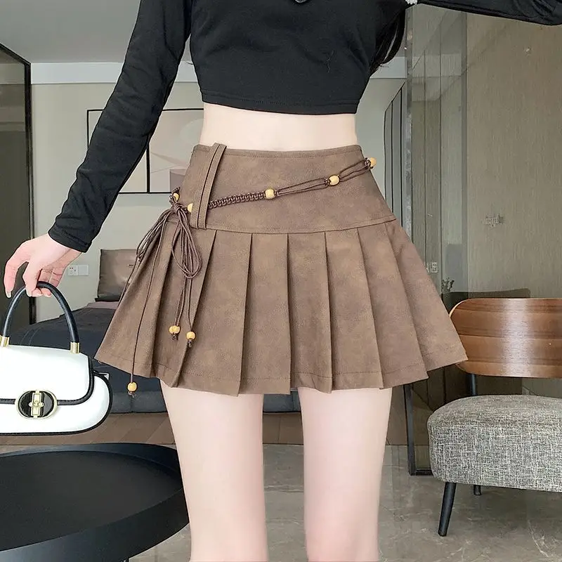 Vintage Skirts Femme Autumn High Waist Trend Sweet A-line Skirt Women Clothes Fashionable Solid Color Lively Cute Pleated Skirt