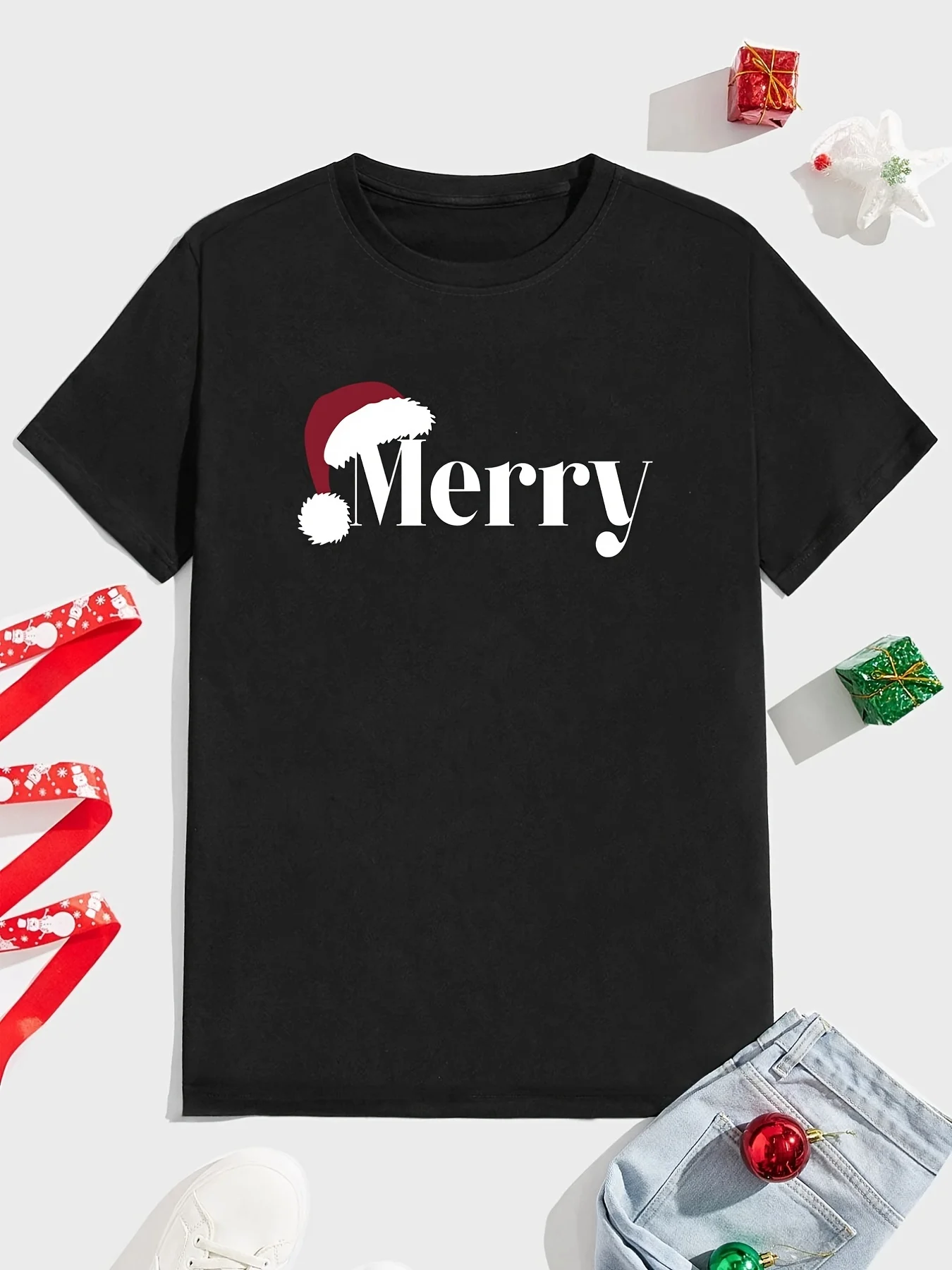 

" Merry " Men's Casual T-shirt, Cartoon Christmas Hat Graphic Crew Neck Tee