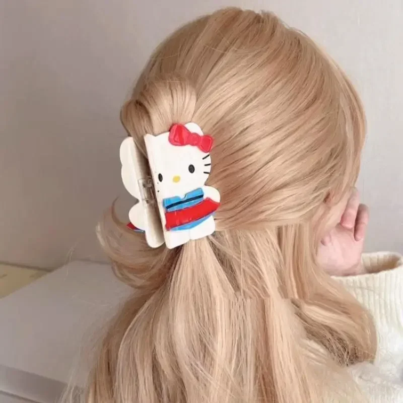 Kawaii Sanrio Y2K Anime Black Leather Hello Kitty Hair Clip Cartoon Cute Girl Big Clip Hair Bun Hairpin Akcesoria do włosów Prezent