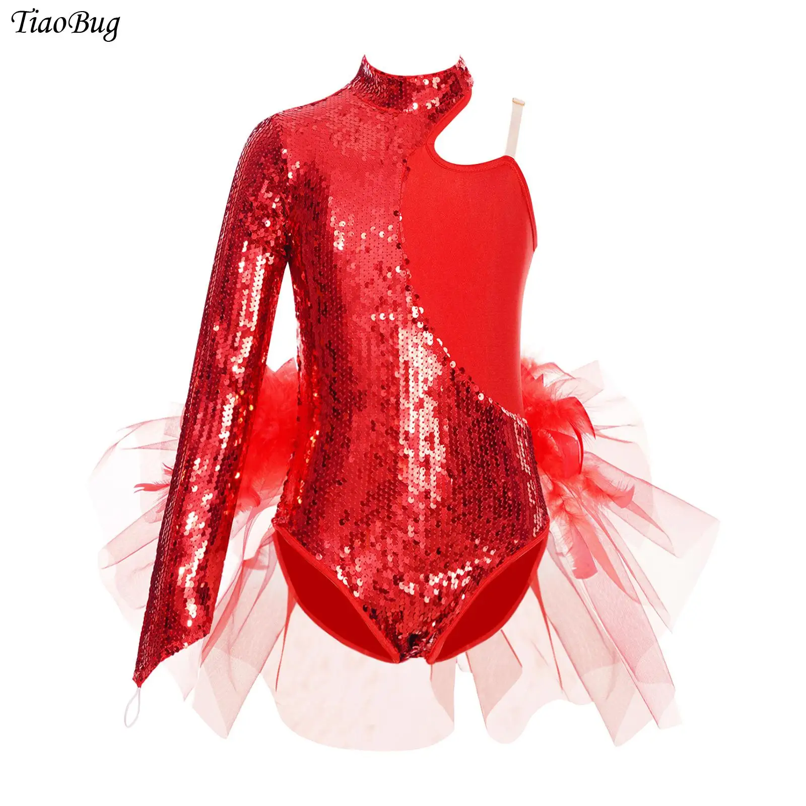 

Kids Girls Sequin Tulle Skirted Leotard Ballet Gymnastics Bodysuit Long Sleeve Figure Skating Feather Tutu Jumpsuit Dancewear
