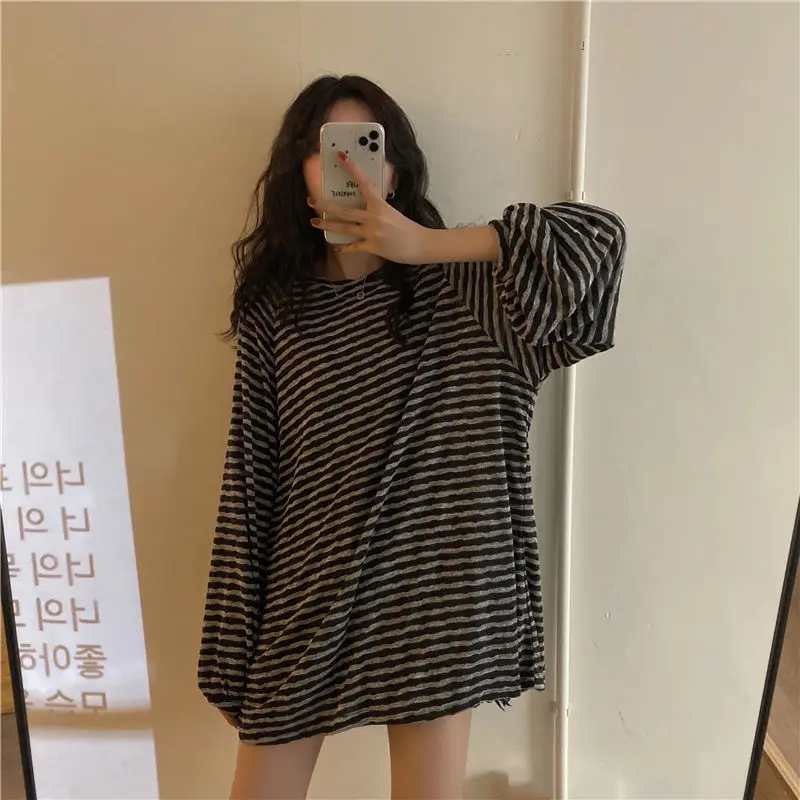 Gidyq Korean Women Striped T Shirts Fashion Streetwear All Match Female Long Sleeve Tops Casual Student Loose Tees New