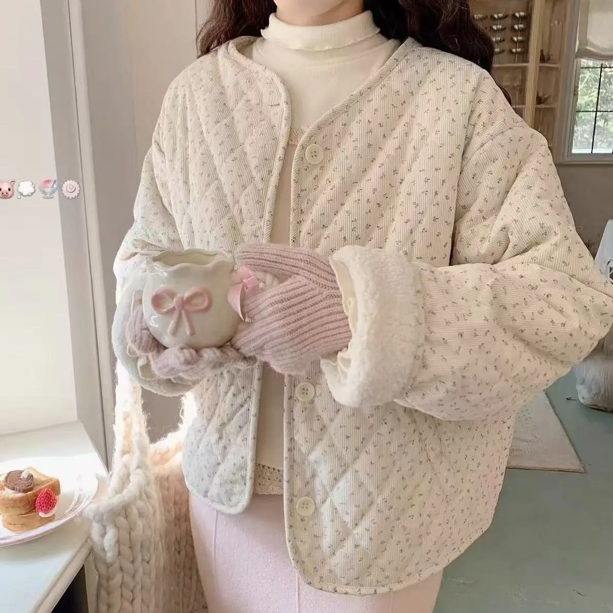 

Gagarich Corduroy Korean Chic Round Neck Floral Cotton Jacket Women Autumn Winter Loose Versatile Warm Long Sleeve Jacket