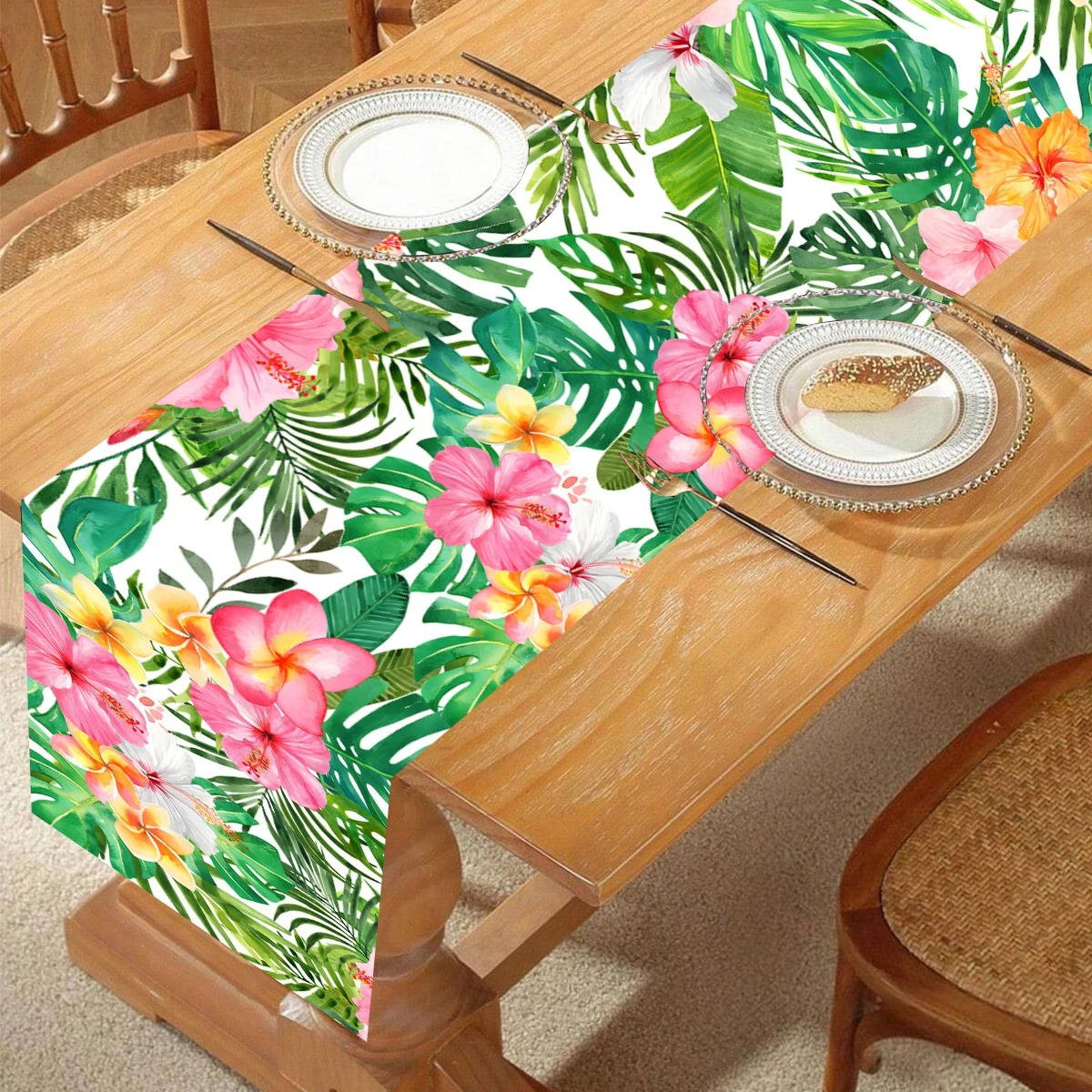 Hawaiian Flamingo Hibiscus Flower Table Runner Aloha Summer Tropical leaves Plastic Table Flag Happy Birthday Party Decorations