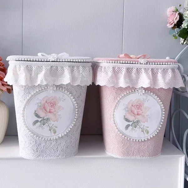 European Square Smart Trash Can French Pink Printed Leather with Lid Dustbin Home Bathroom Storage Bucket Office Wastebasket