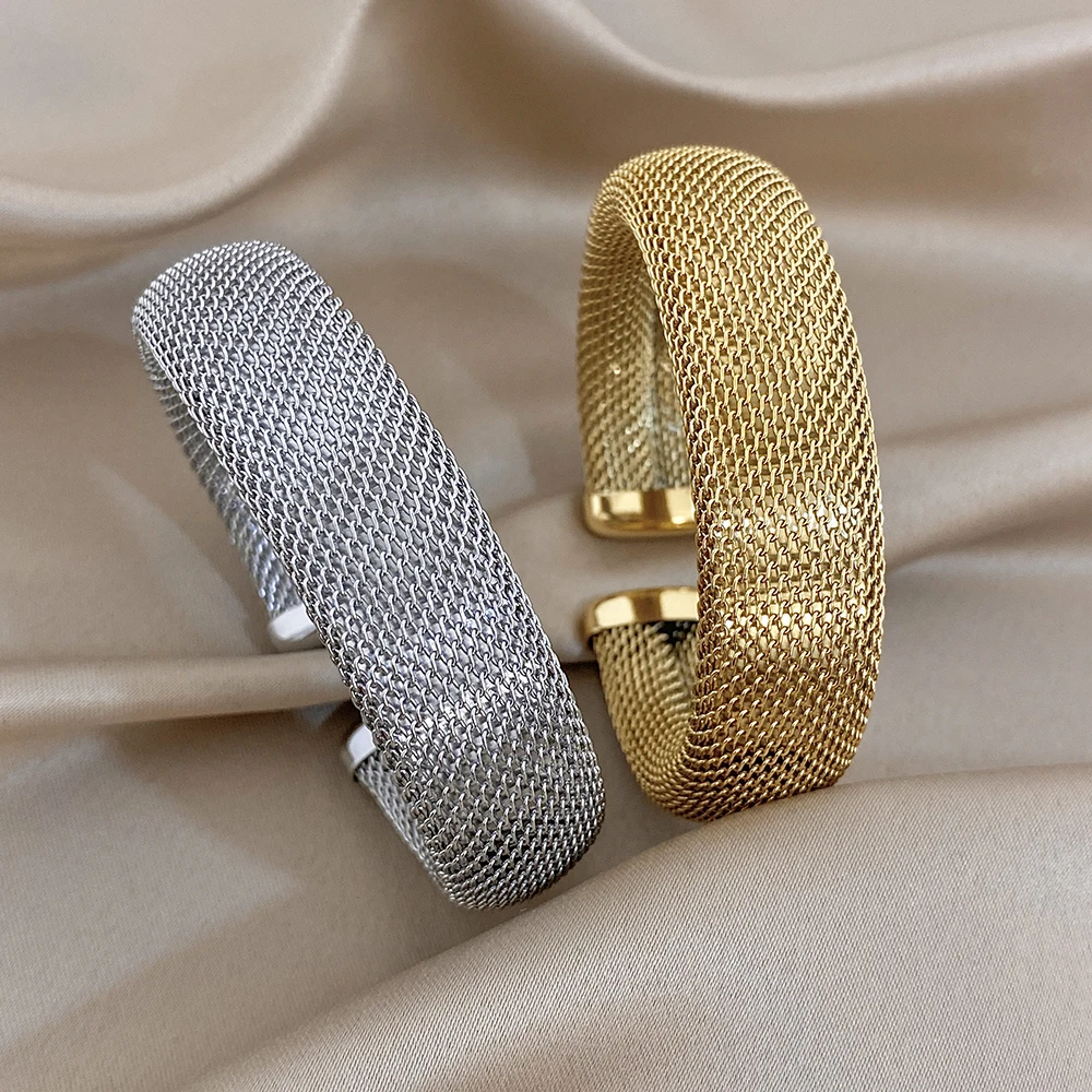 Vintage Hollow Mesh Wide Bracelet for Women Chic Gold Silver Color Stainless Steel Cuff Bangle Bracelets Waterproof Jewelry