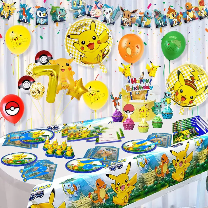 Pokemon Birthday Party Decoration Party Supplies Decoration Pikachu Tableware Sets Banner Latex Foil Balloon Kids Party Supplies