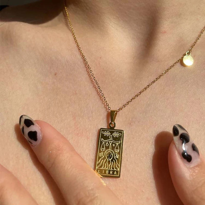 12 Constellations Square Pendants Stainless Steel Zodiac Sign Necklace for Women Men Clavicle Link Chain Necklaces Collar