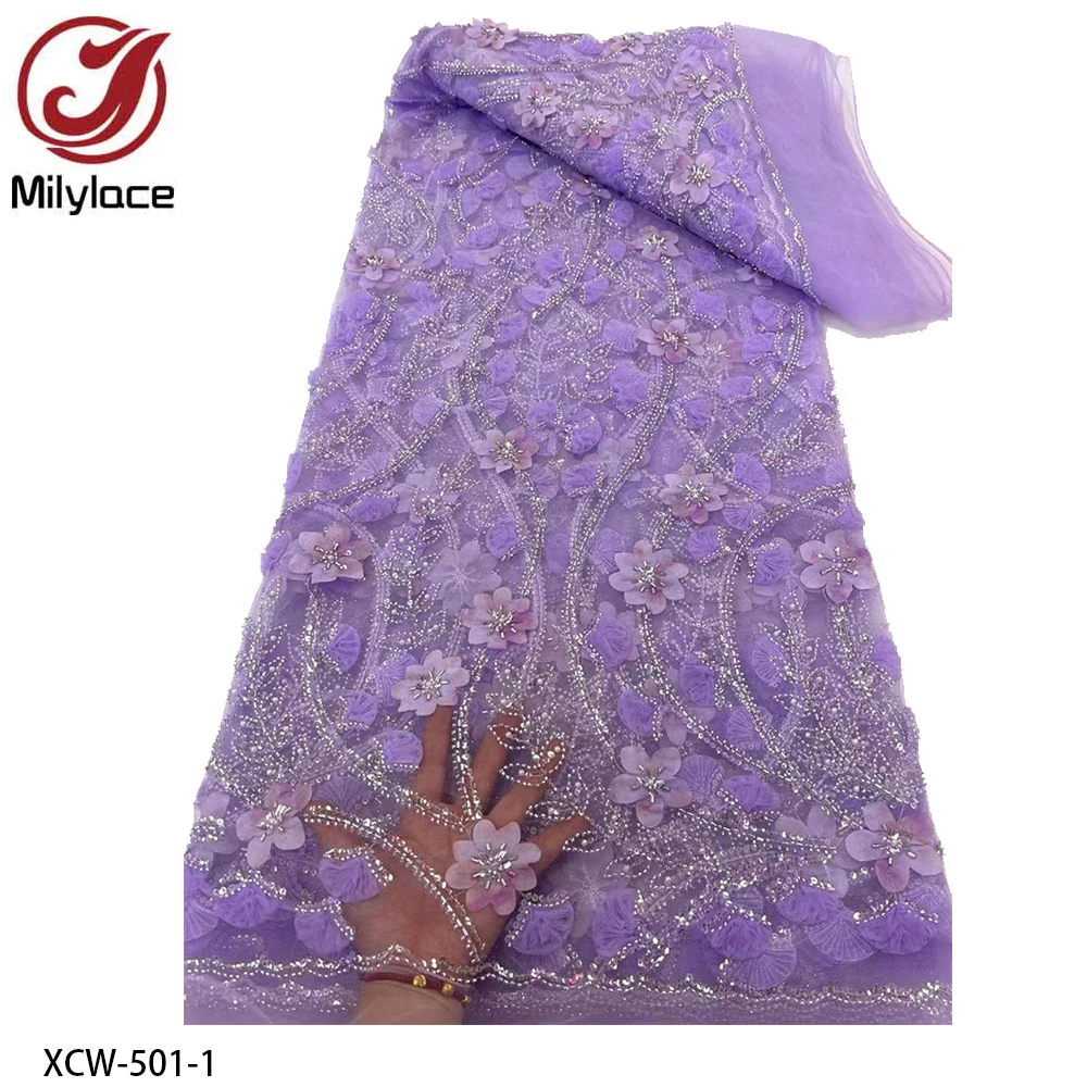 

African Sequins Lace Fabric High Quality 3D Flowers Lace Embroidery Beaded Mesh Fabric 5 Yards for Wedding Party Dress XCW-501