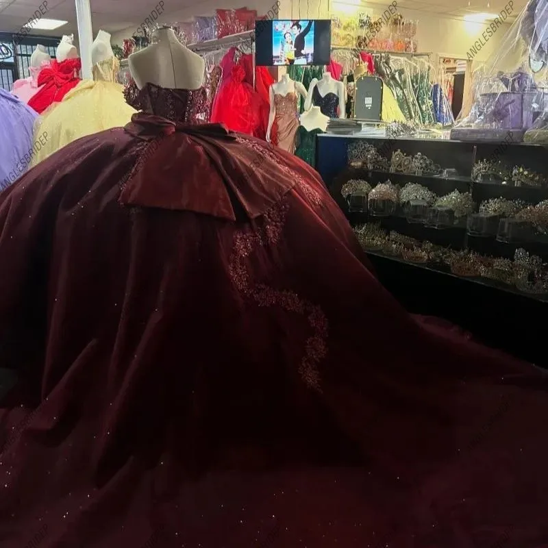 Темно-красное платье Quinceanera, бальные платья с открытыми плечами, блестящая аппликация из бисера, хрустальный бант, тюлевые платья, Vestidos De 15, anos, по индивидуальному заказу