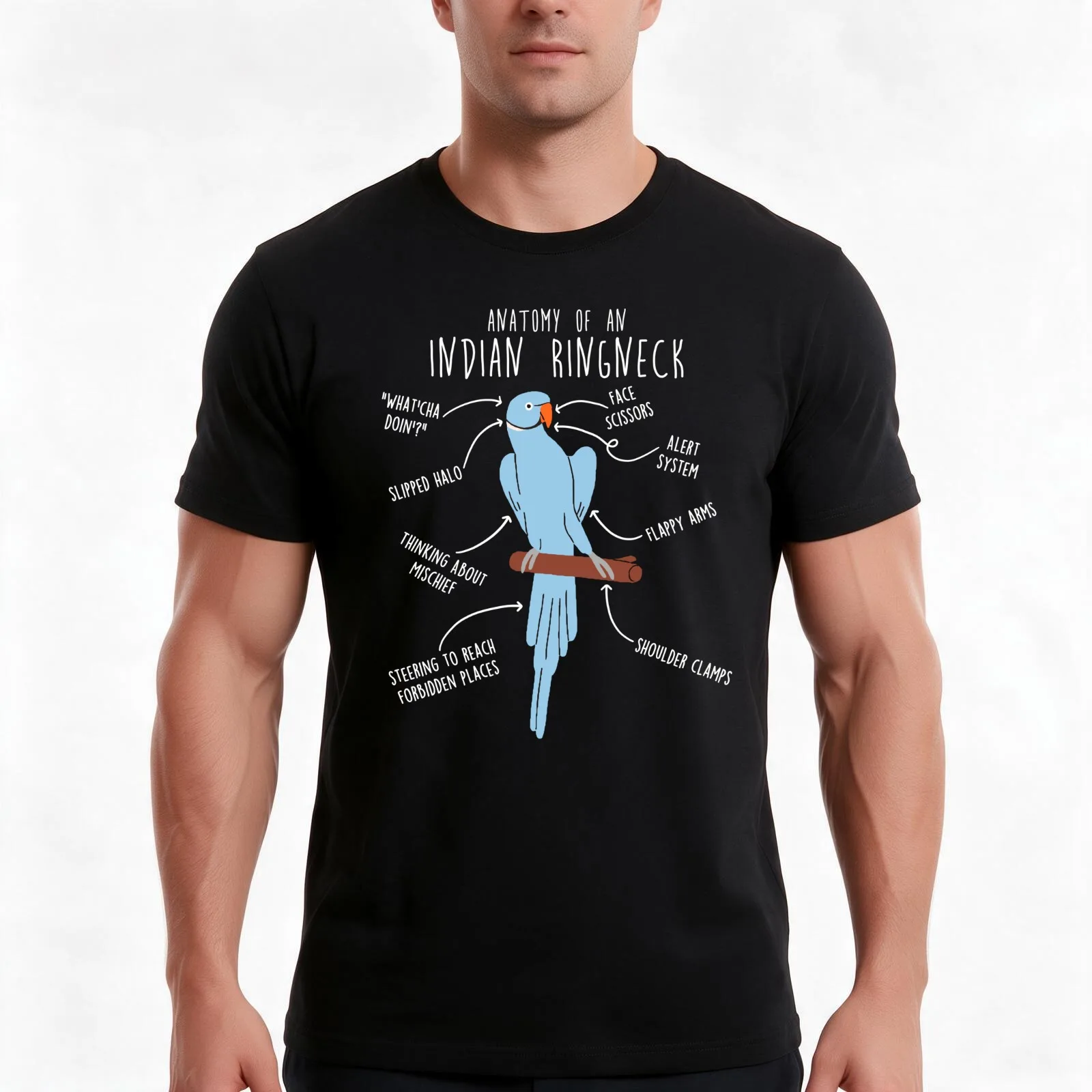 Blue Indian Ringneck Parrot Anatomy T-Shirt, Summer Casual Cotton Tee, Oversized Streetwear Tops, Vintage Graphic Print