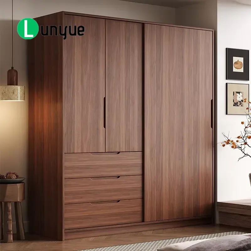 Solid Wood Oak Sliding Door Wardrobe Modern Retro Japanese Style Space Saving Storage Cabinet for Bedroom Small Apartment