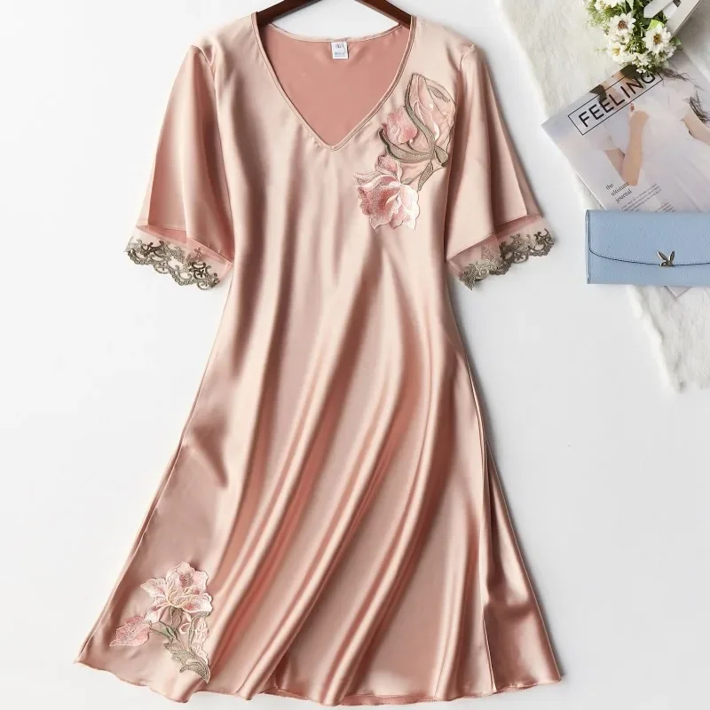 

Silky satin women nightgown oversize casual sleepwear dress summer new sleep shirt sexy nightshirt female home dress