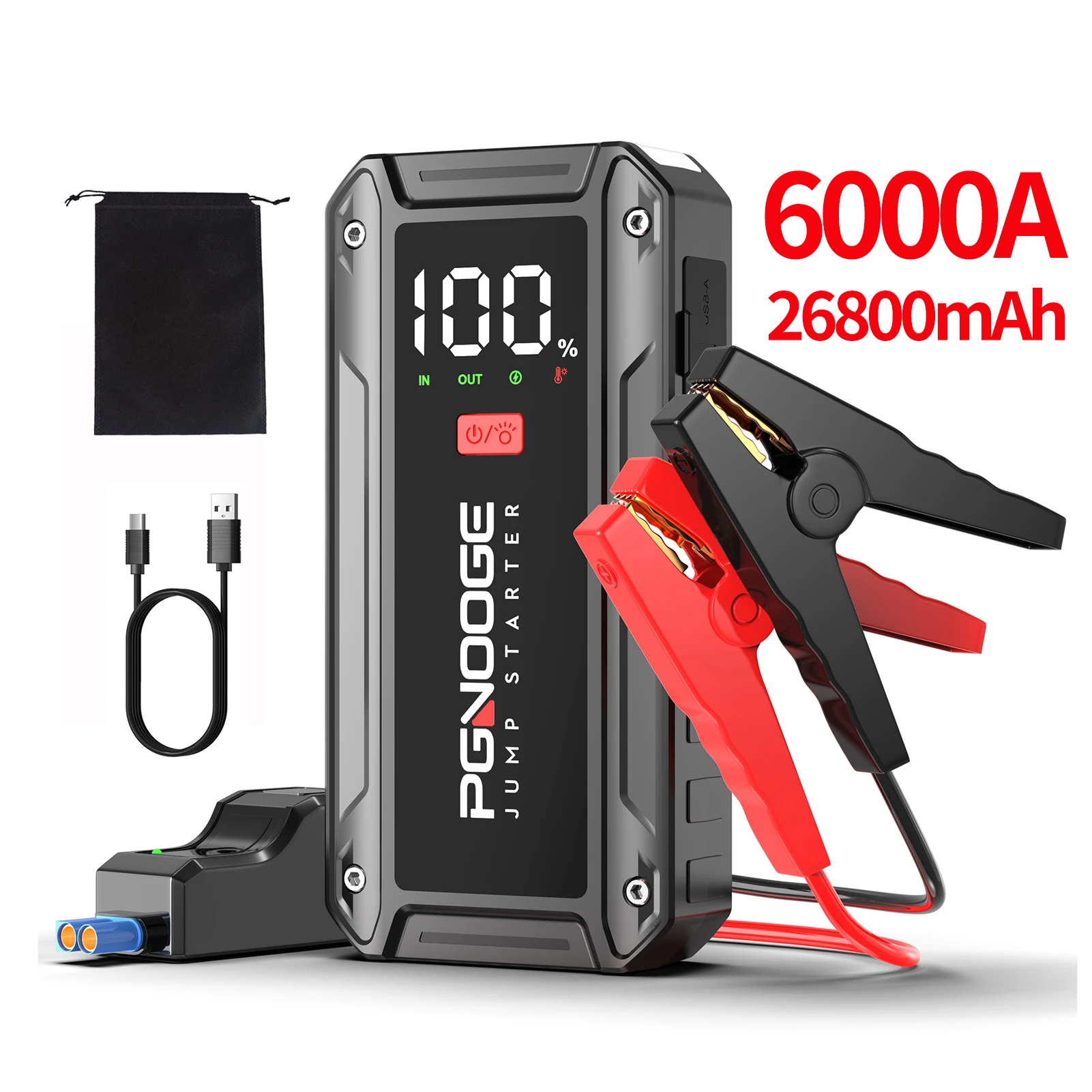 Arrancador de Coches 6000A 26800mAh, Potenciador de Batería de Coche, Banco de Energía para Arranque de Coche, Arrancador de Coches, Paquete de Batería Portátil