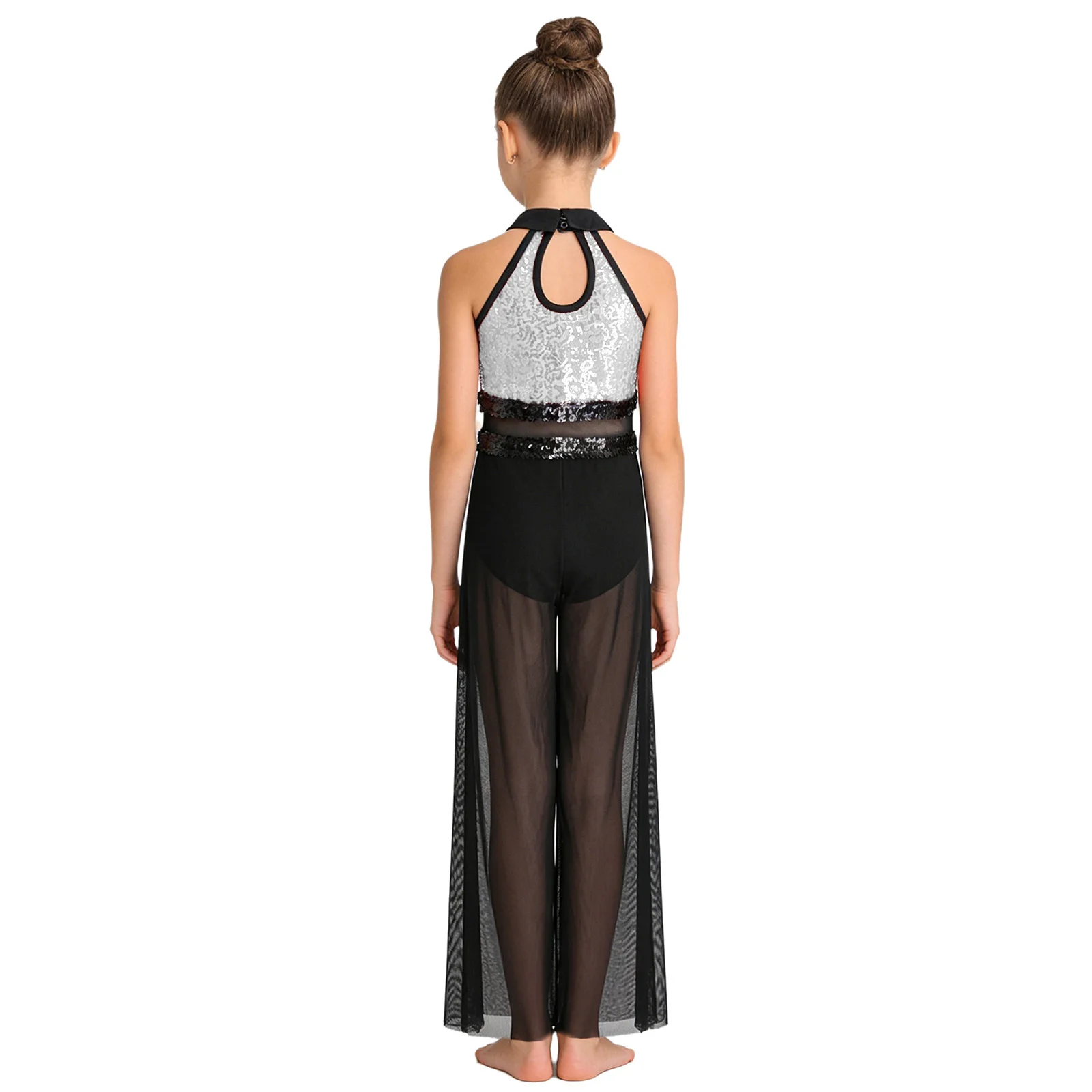 Macacão de Dança Lírica para Meninas com Recortes, Lantejoulas e Malha Brilhante, Modelo Wide-leg para Apresentações Modernas e Competições