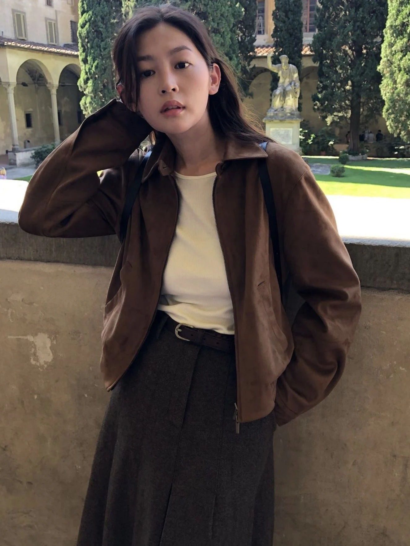 Damska kurtka motocyklowa Casual Sle z zamkiem błyskawicznym, zamszowa, jesienno-zimowa, dopasowany krój, włókno poliestrowe, kołnierz z klapami.