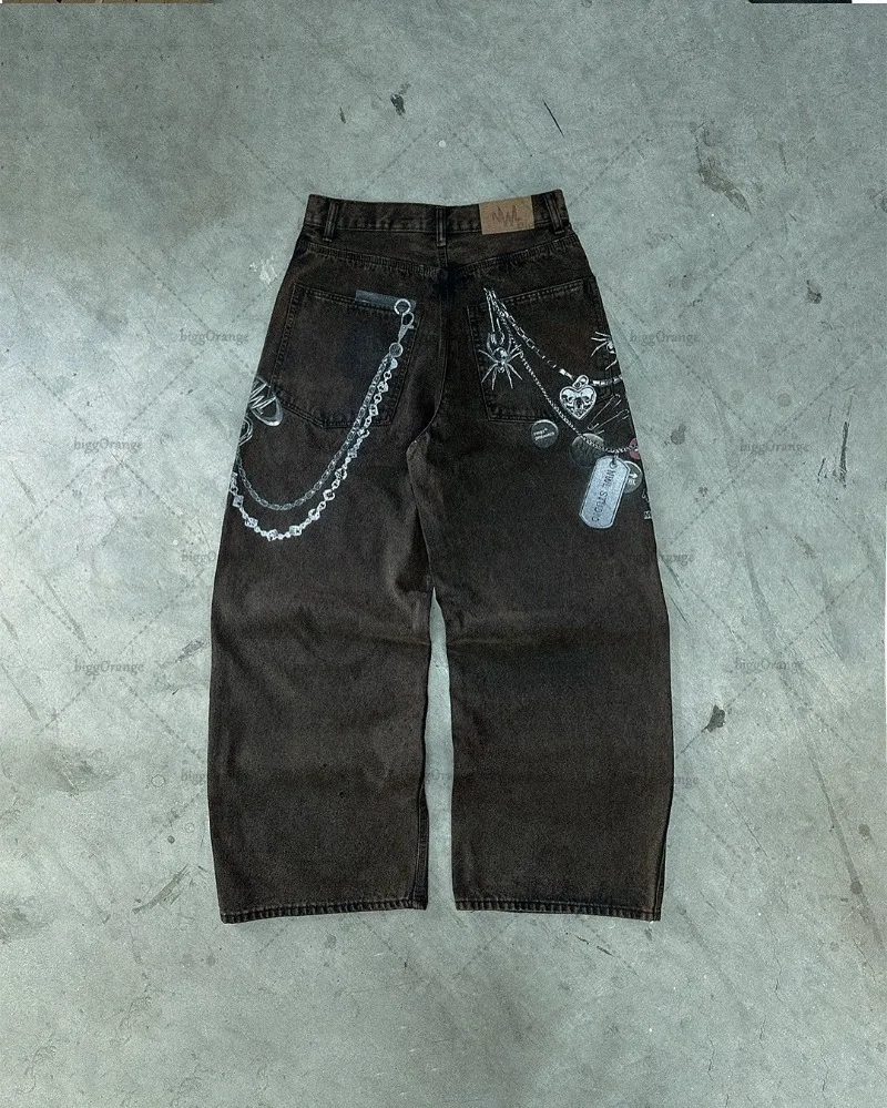 

2025 Trendy Brand Harajuku Chain 3D Printed Baggy Jeans Men Hip Hop Streetwear Scimitar Pants Gothic Retro Wide-leg Pants Women