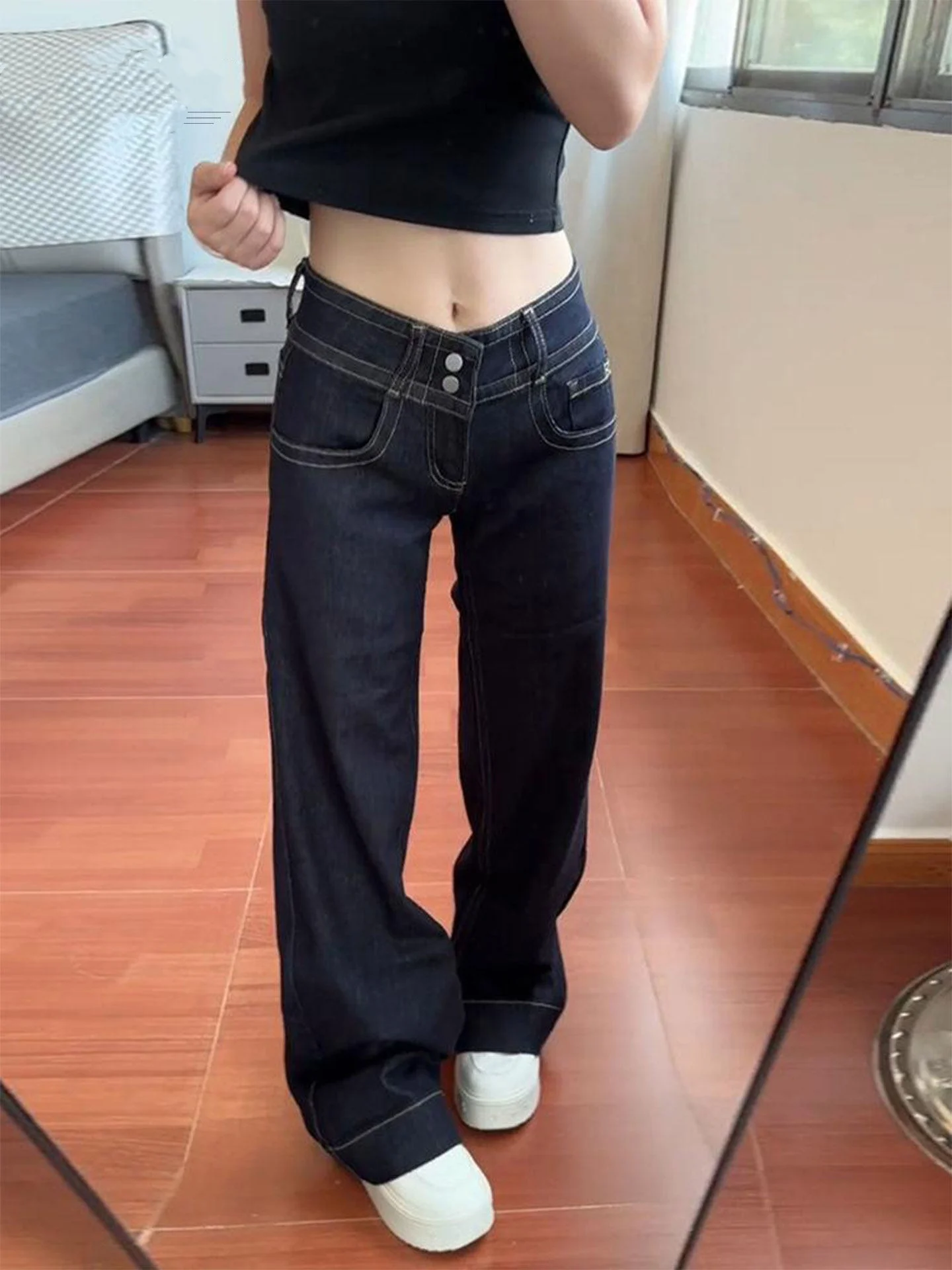 

Deep Blue Original Color Low Waist Loose Fit Women's Jeans American Style Small Size Straight Leg Bell Bottoms