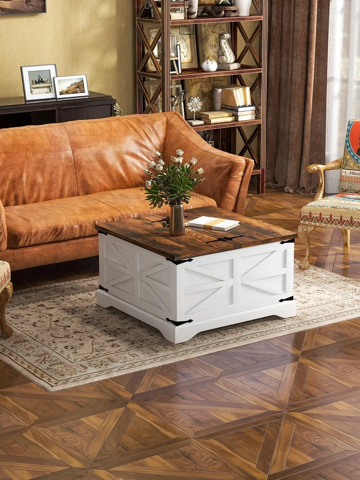 Modern Farmhouse Coffee Table, Square Wood Center Table with large storage space, Metal Corners, Z Shape, White