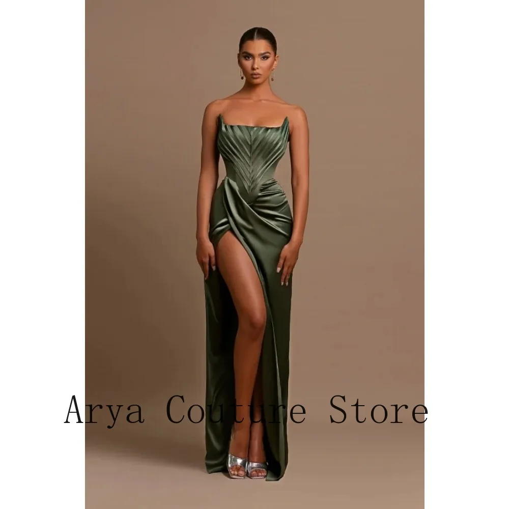 Nuevo Vestido de Noche Verde Oliva sin Tirantes 2026, de Satén Drapeado con Abertura Alta, Vestido Formal, Robe De Soirée, Vestido de Fiesta, Vestido de Gala