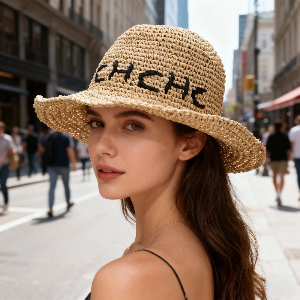 

Новая соломенная шляпа из рафии, роскошная шляпа от солнца с буквенным плетением, универсальный наряд для влиятельных лиц, популярная модная тенденция