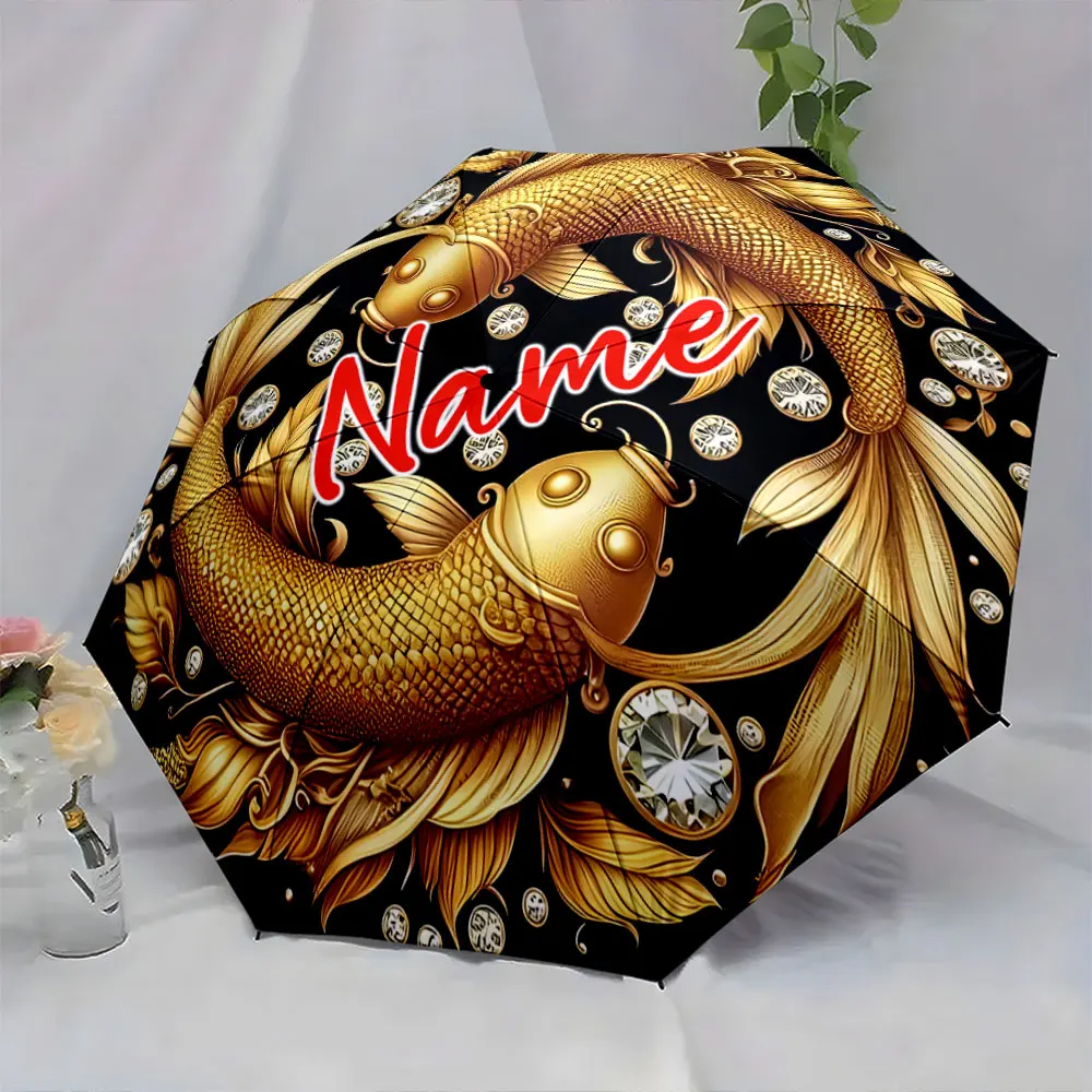 Custom Name Umbrella Luxurious Golden Fish Design Umbrella Print 8 Iron Ribs Folding Umbrella Auto-Open Fashion Sunshade