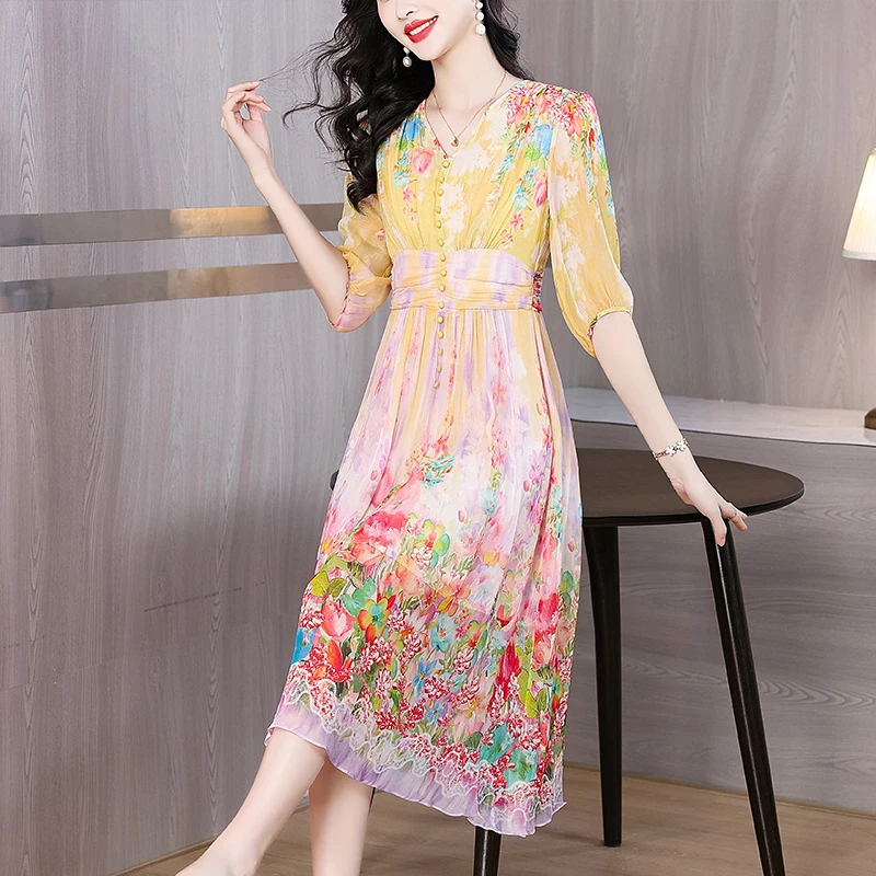 Summer Floral Silk Beach Midi Sundress Women Boho Fashion Casual Light Dress 2025 Spring Korean Elegant Luxury Festival Vestidos