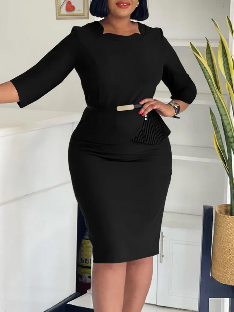 L-3XL Plus Size Elegant Midi Dress 2025 Spring Summer Women Office Lady Dress Casual 3/4 Sleeve Bandage Robe Oversize Dress