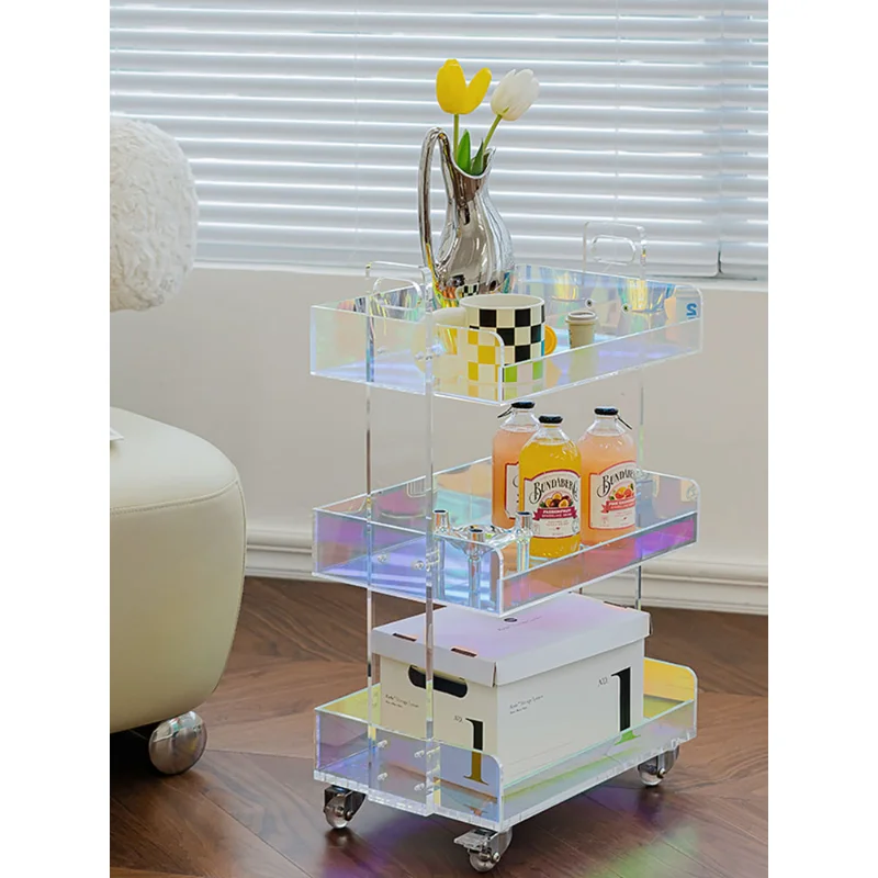 

Luxury Acrylic Livingroom Sofa Side Coffe Table Furniture Designer Transparent Colorful Mobile Tea Table Trolley Storage Cabinet