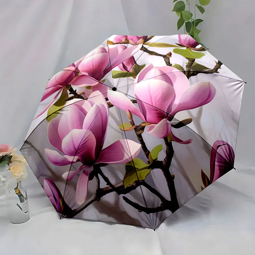 1PC Elegant Magnolia Printed Umbrella for Style and Function Print 8 Iron Ribs Folding Umbrella Auto-Open Fashion Sunshade