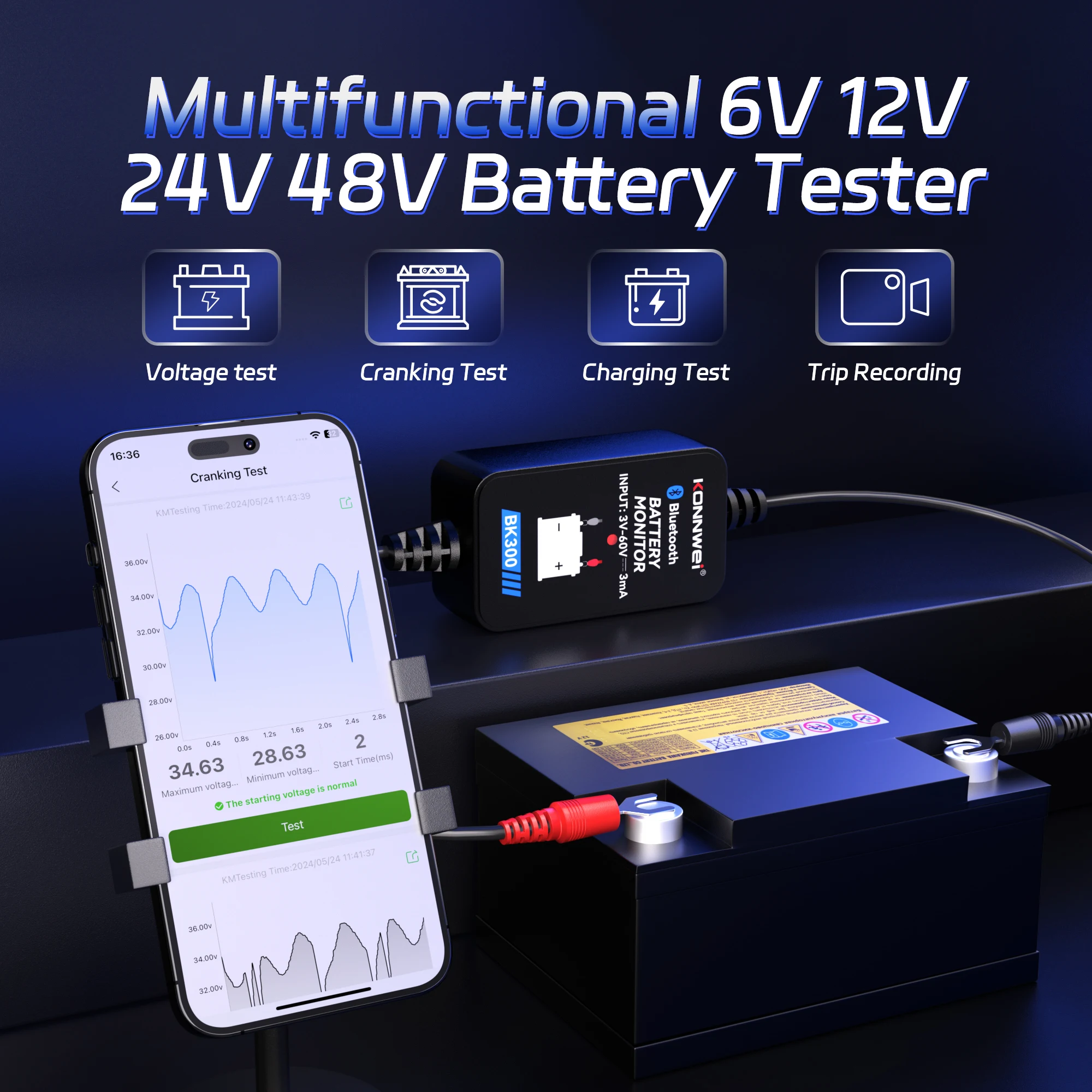 Alat Pemantau Baterai Mobil Bluetooth KONNWEI BK300 2026, Penguji Baterai 6V/12V/24V dengan Aplikasi Seluler untuk Mobil, RV, Motor, Truk & Kapal