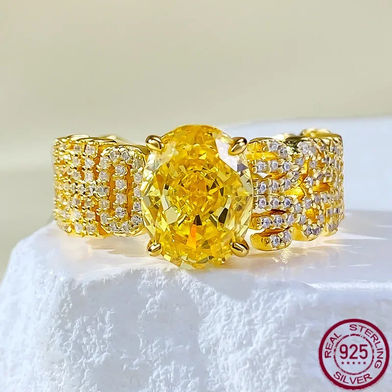 New 925 Silver Simulated Diamond Wealth Rising Ring 7 * 9 Lucky Yellow Diamond Wedding Jewelry