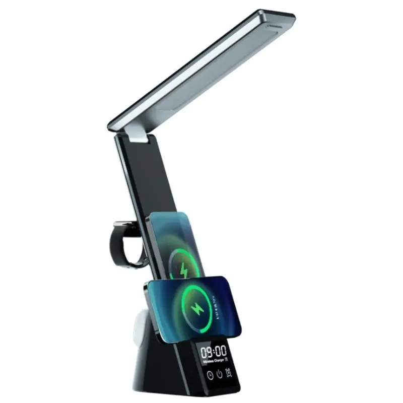 652F Multifunctional Table Lamp with Wireless Type-C LED Clock 3in1 Desk Lamp Headset Wireless Charging Stand