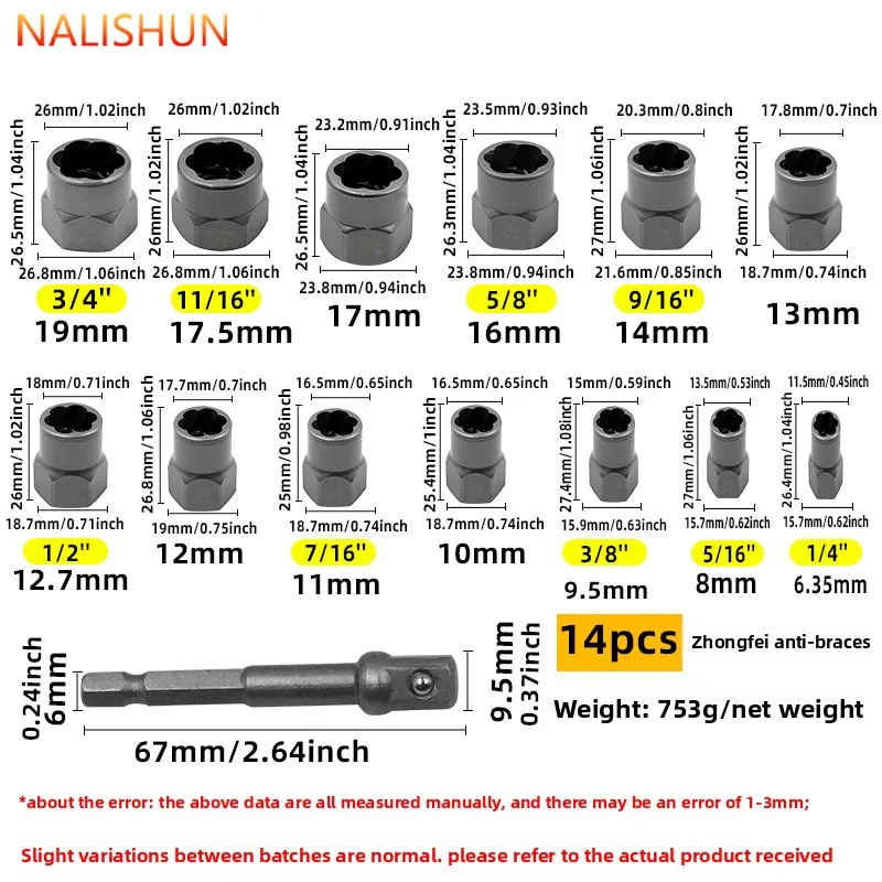 14-Piece Damaged Nut & Bolt Extractor Set, Reverse Thread Screw Remover Socket Kit with Slipped-Thread Removal Tools for Stri