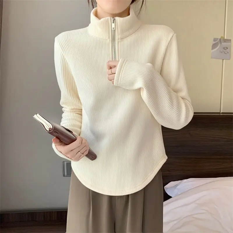 Autumn Winter New Irregular Design  Plus-Size Women's Thickened Fleece-Lined Half-High Collar Knitted Base Shirt