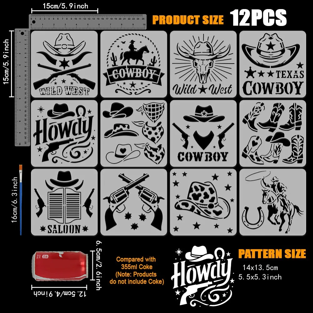 12 Pcs Cowboy Painting Stencil with Brush 5.9x5.9inch Cowboy Hat Star Rope Bandana Bull Horseshoe Drawing Template Western Theme