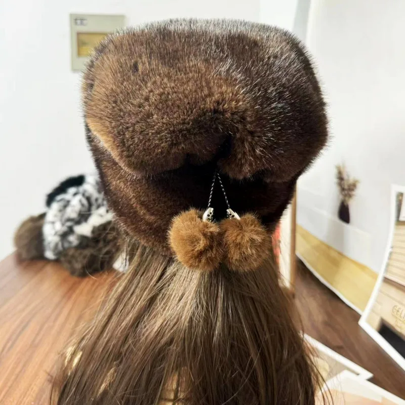 Gorro de piel sintética de visón para mujer, gorro de piel grueso y cálido con protección para los oídos, gorro de bombardero ruso, gorro de cubo de piel sintética esponjoso para invierno