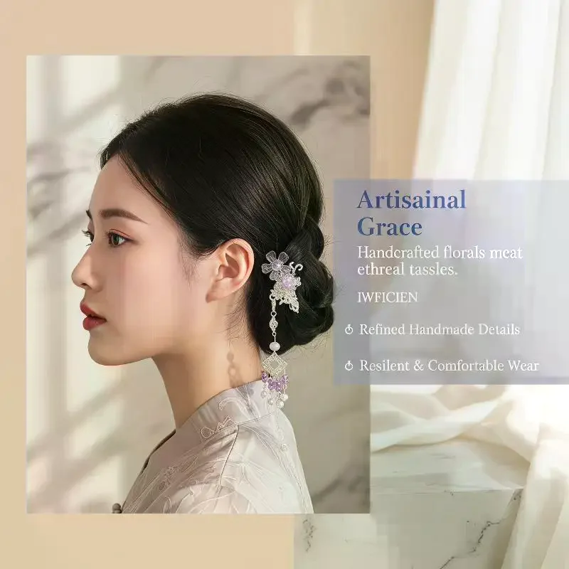 Flower Tassel Hair Clip Chinese Hanfu Style Crystal Pearl Tassel Hairpin For Women